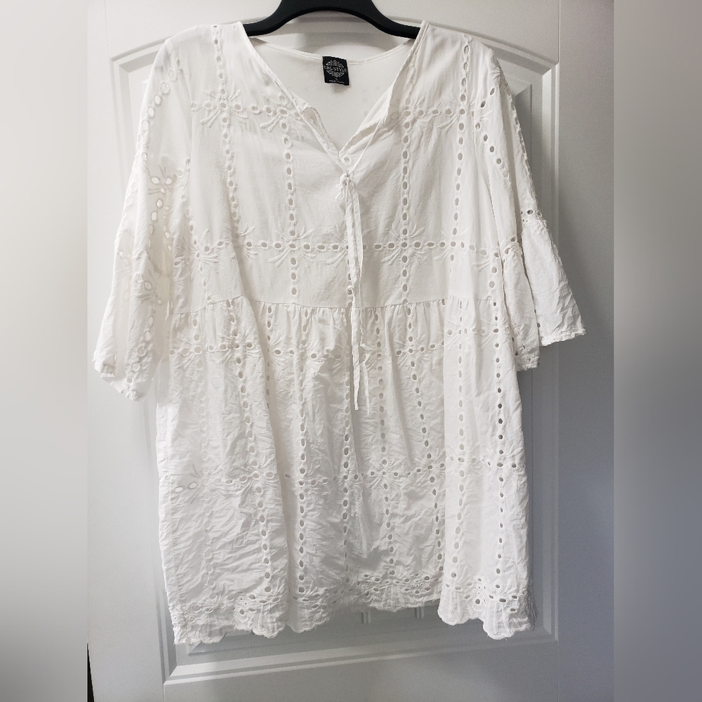 CAL STYLE White Linen Qtr Sleeve Eyelet Shirt Dress in Womens size Large